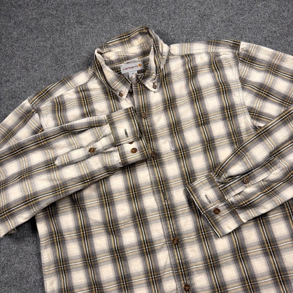 Carhartt Plaid Button Down Shirt Long Sleeve Mens Medium‎ Cream Gray Relaxed Fit